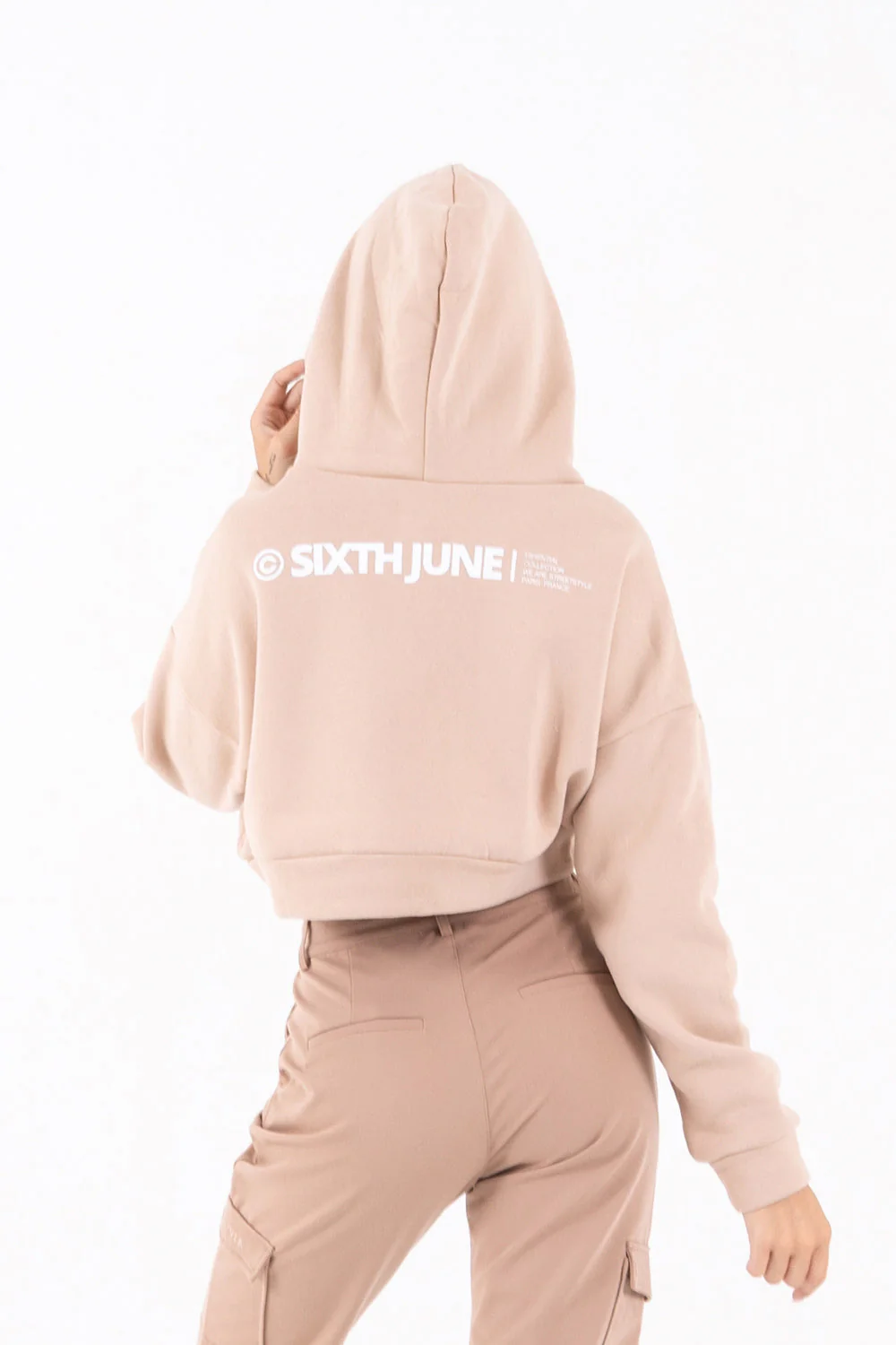 Sweat capuche court logo Beige clair