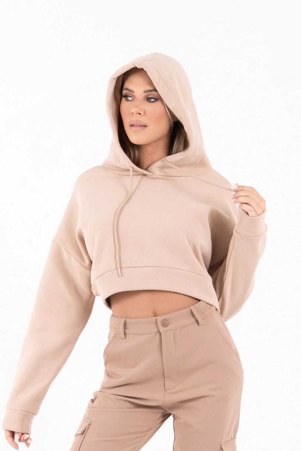 Sweat capuche court logo Beige clair - Image 5