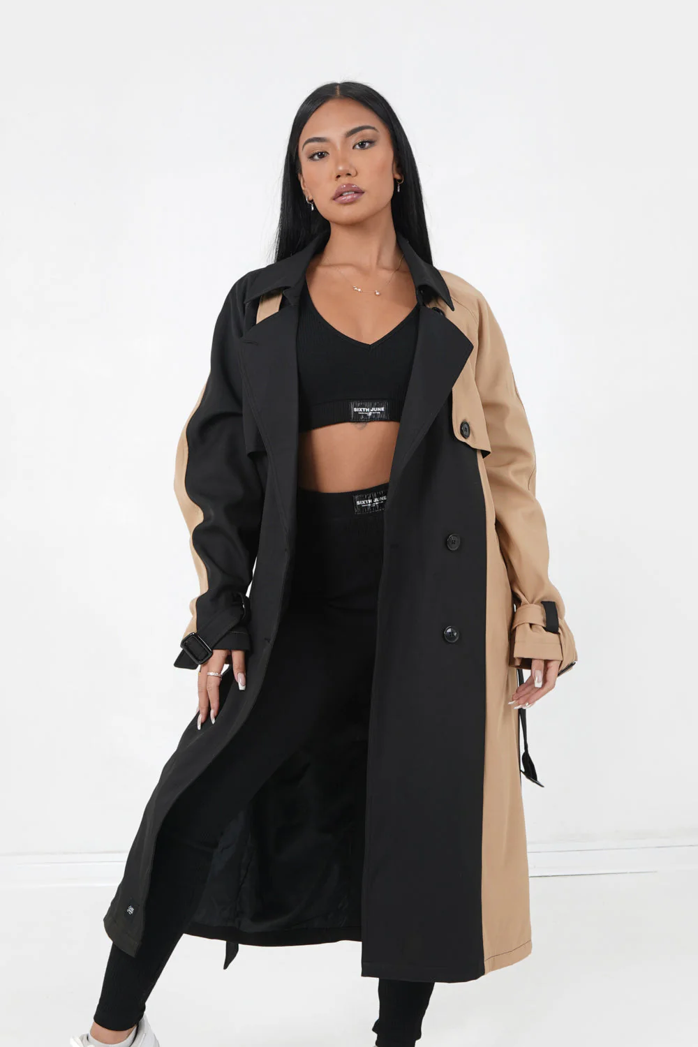 Trench bicolore ceinturé Noir
