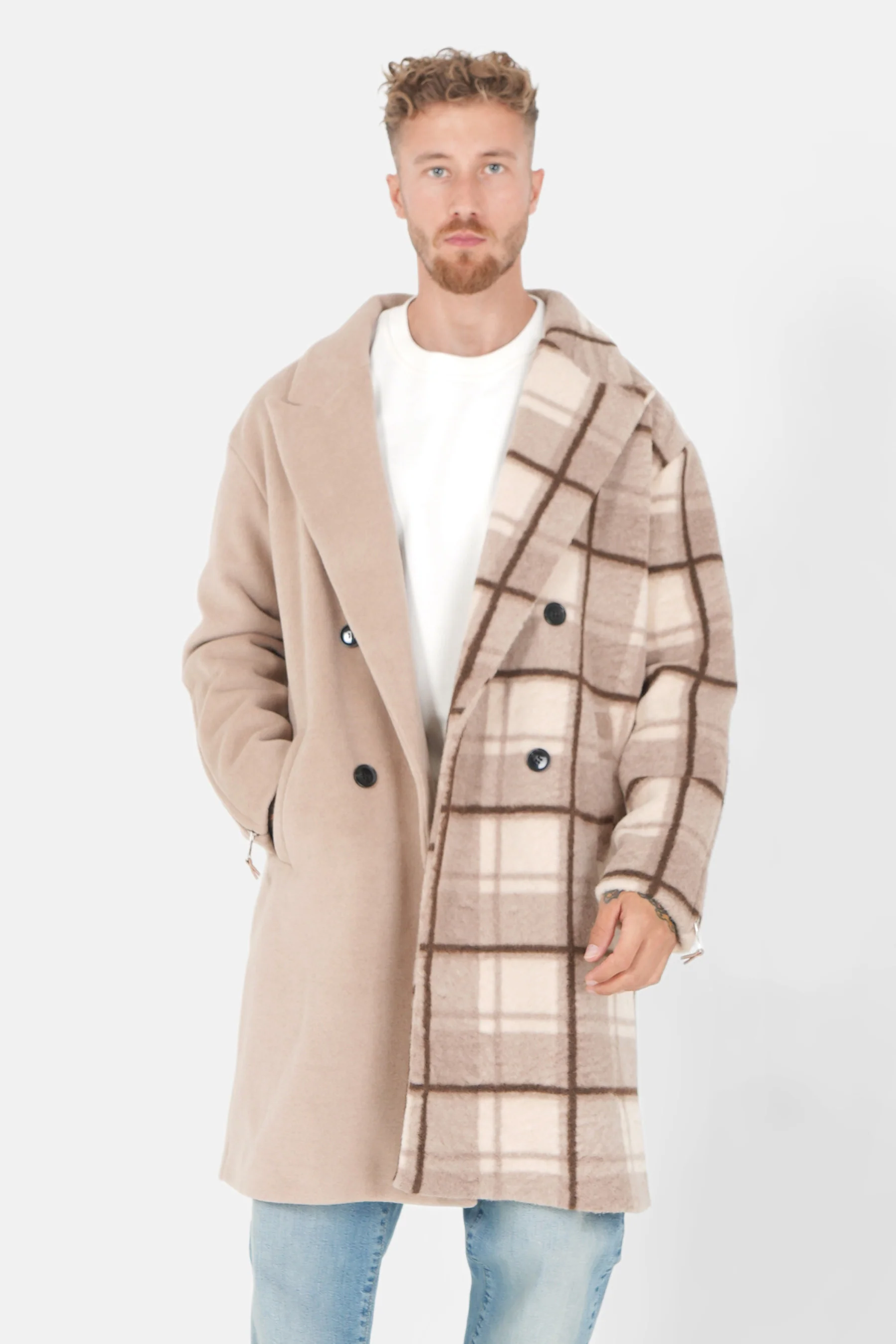 Veste longue duveteuse carreaux Beige