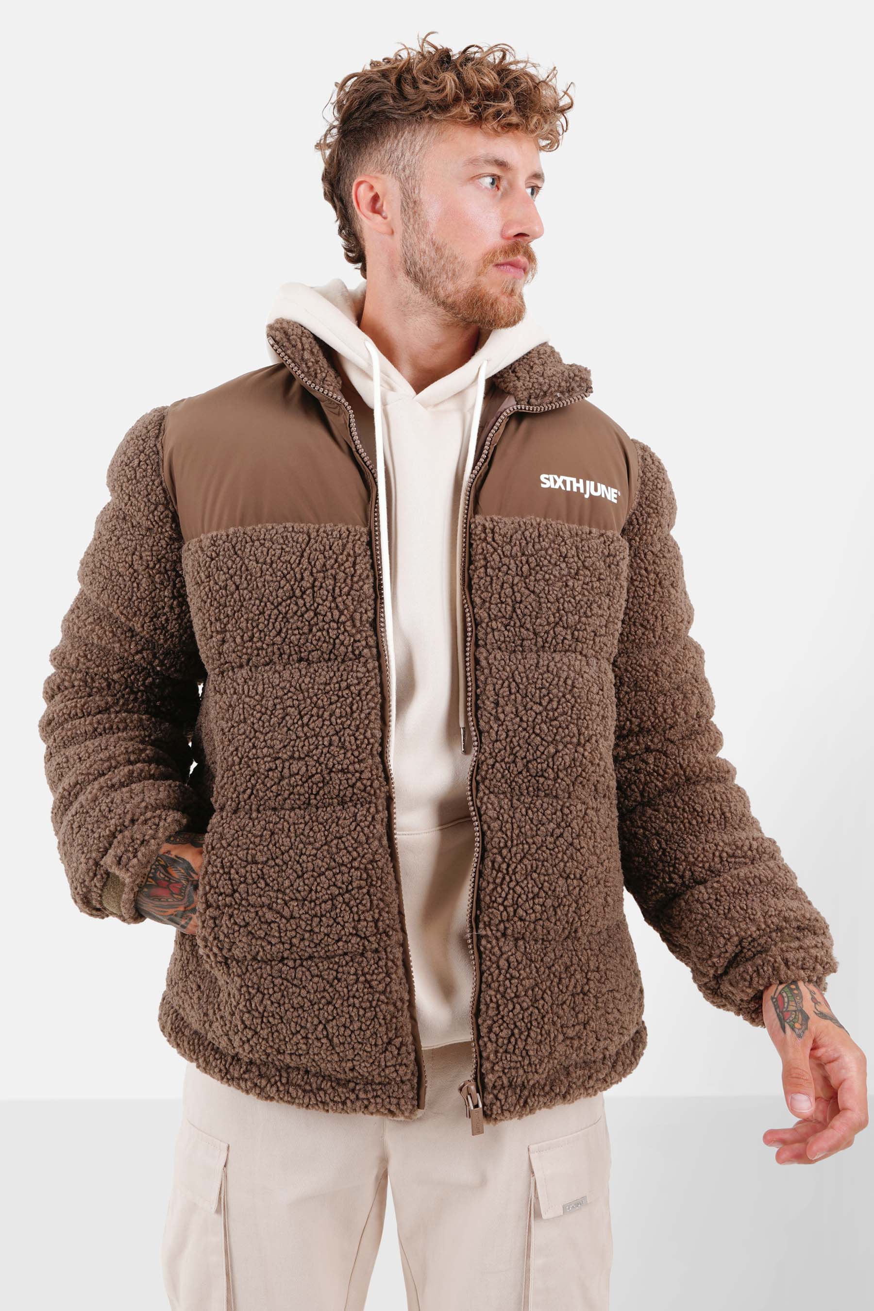 Doudoune bi matière sherpa Marron