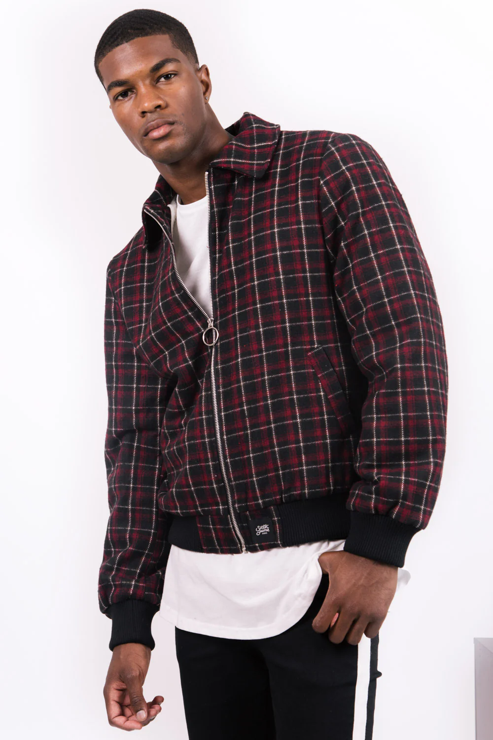 Blouson laine tartan noir rouge - Image 2