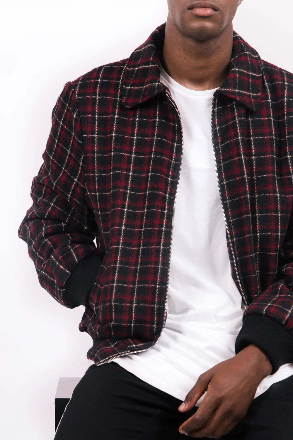 Blouson laine tartan noir rouge - Image 3