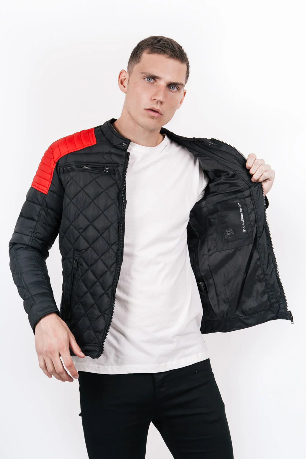 Blouson matelassé ajusté biker noir rouge - Image 3