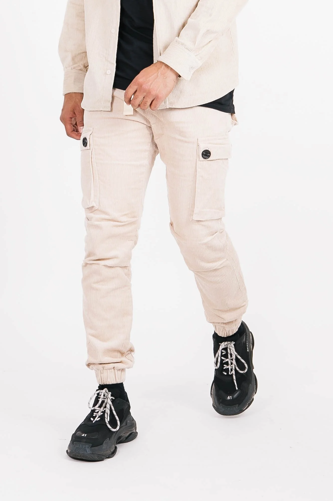 Pantalon cargo velours ceinture beige