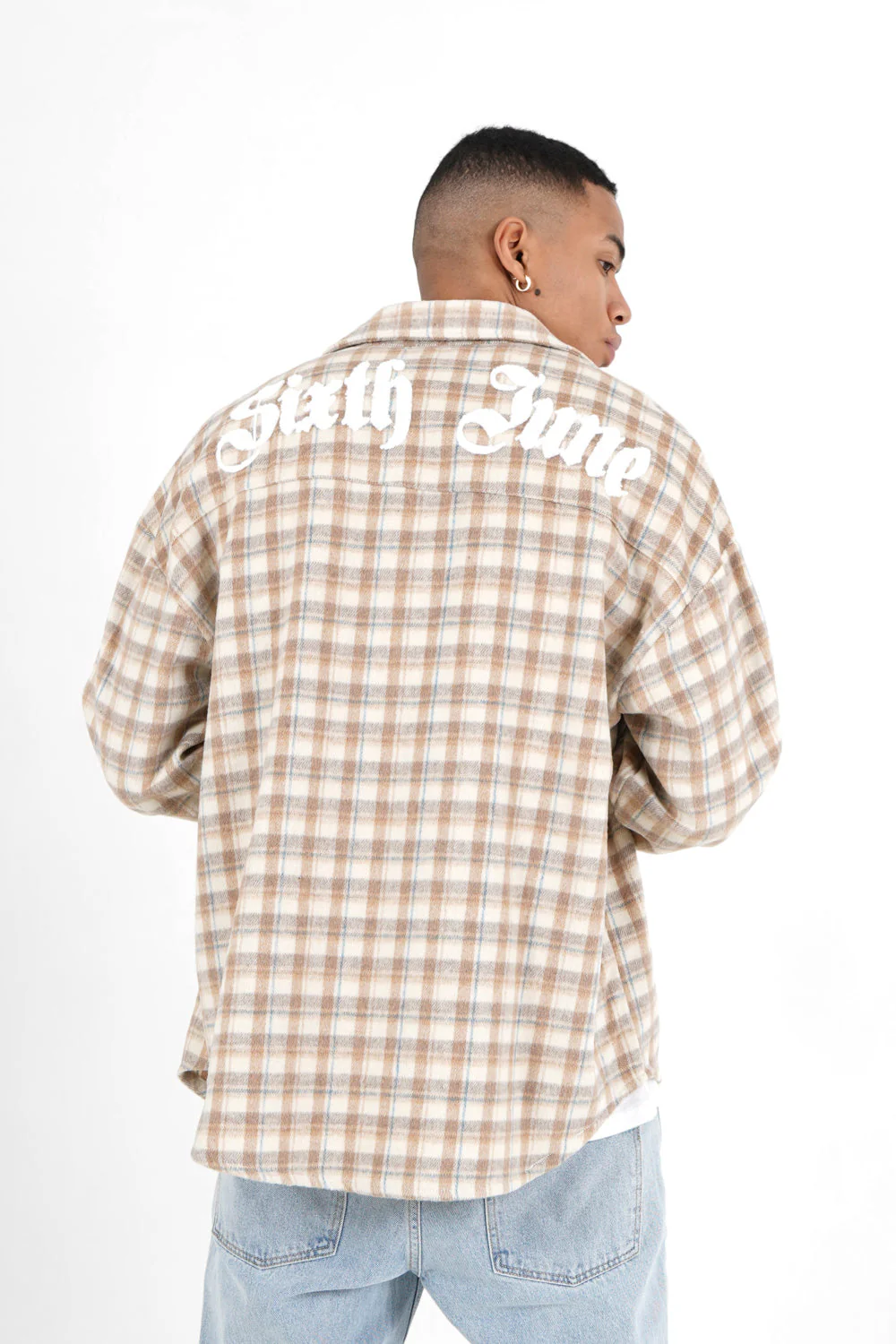 Chemise tartan patch bouclette Beige
