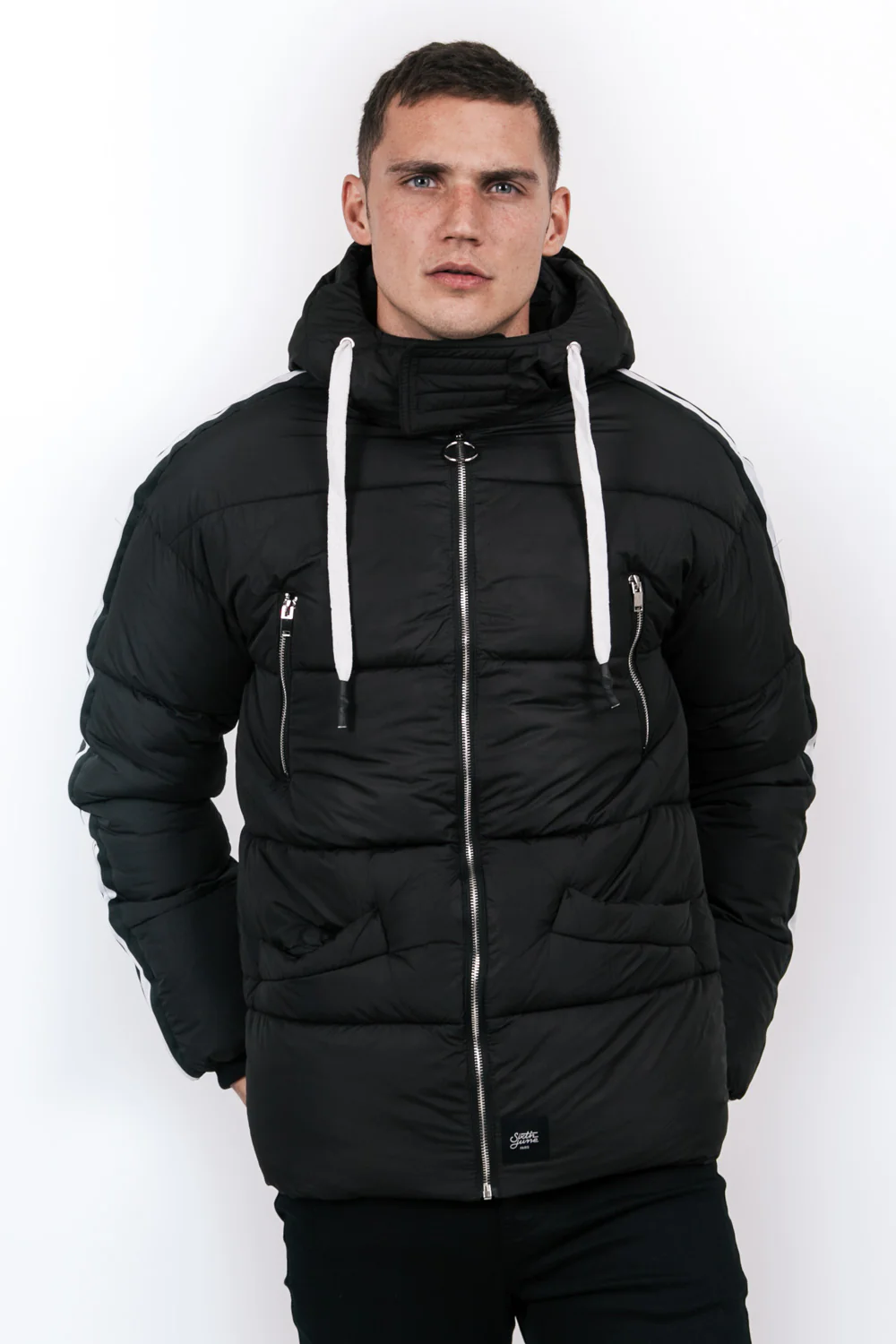 Doudoune bandes capuche noir blanc - Image 2