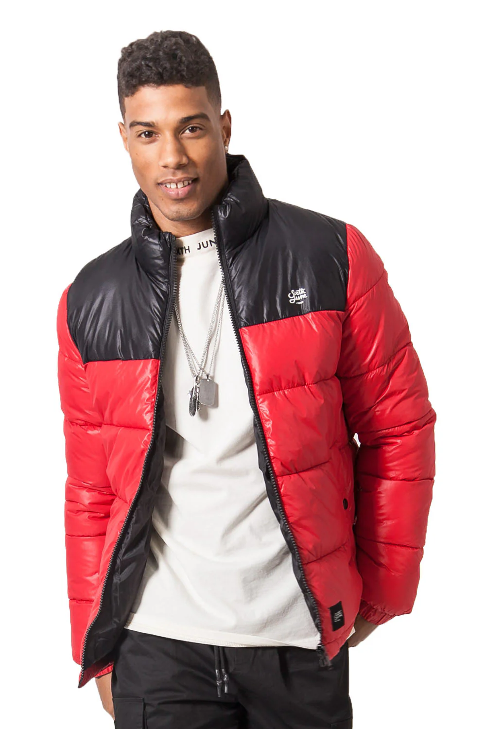 Doudoune brillant bicolore rouge noir