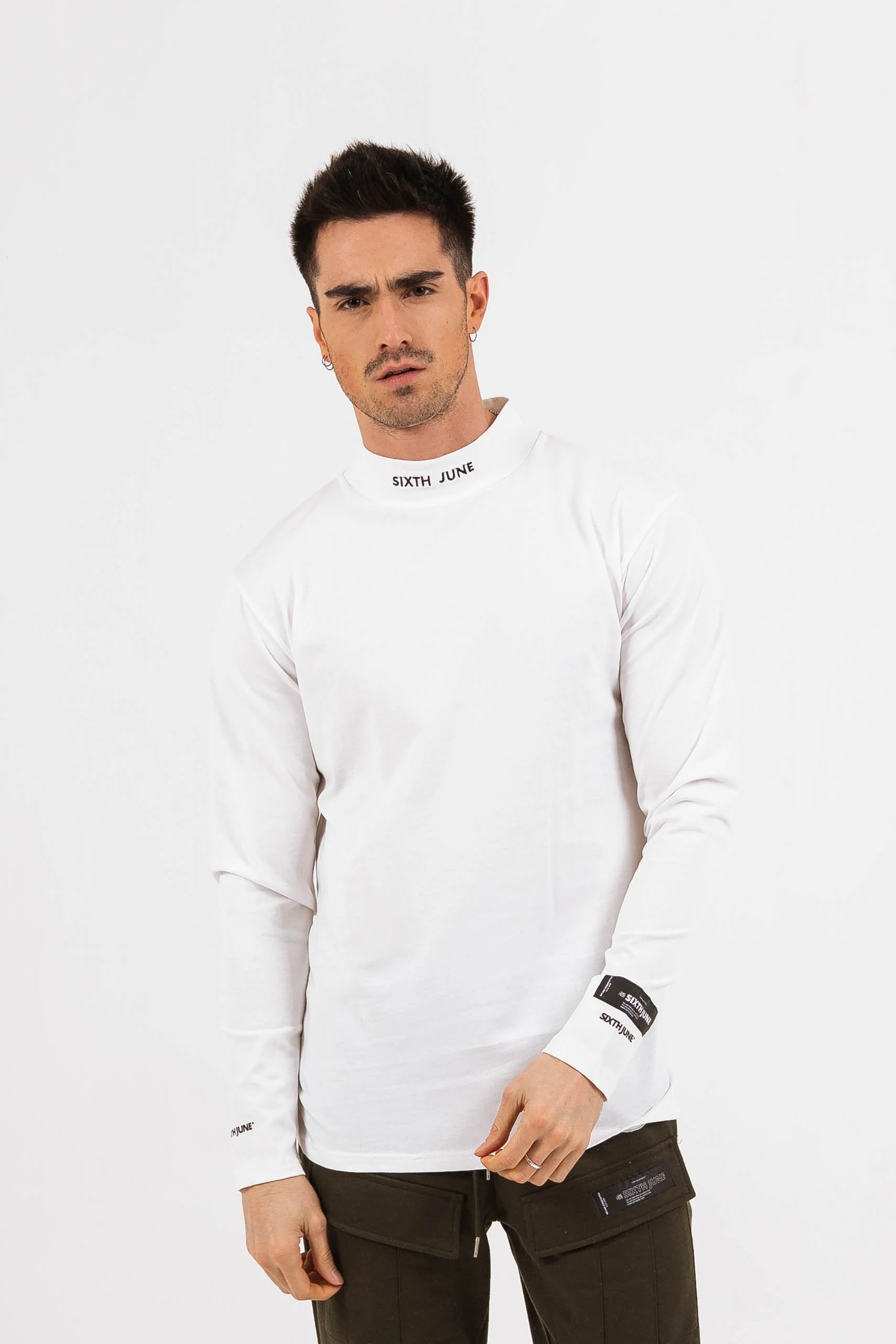 T-shirt col cheminée logo Blanc cassé