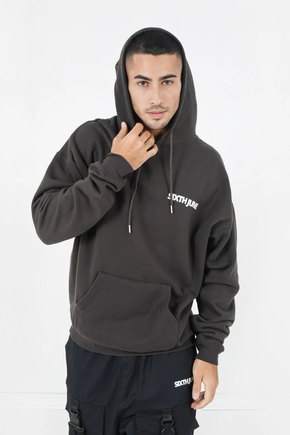 Sweat capuche oversize logo décalé Gris foncé
