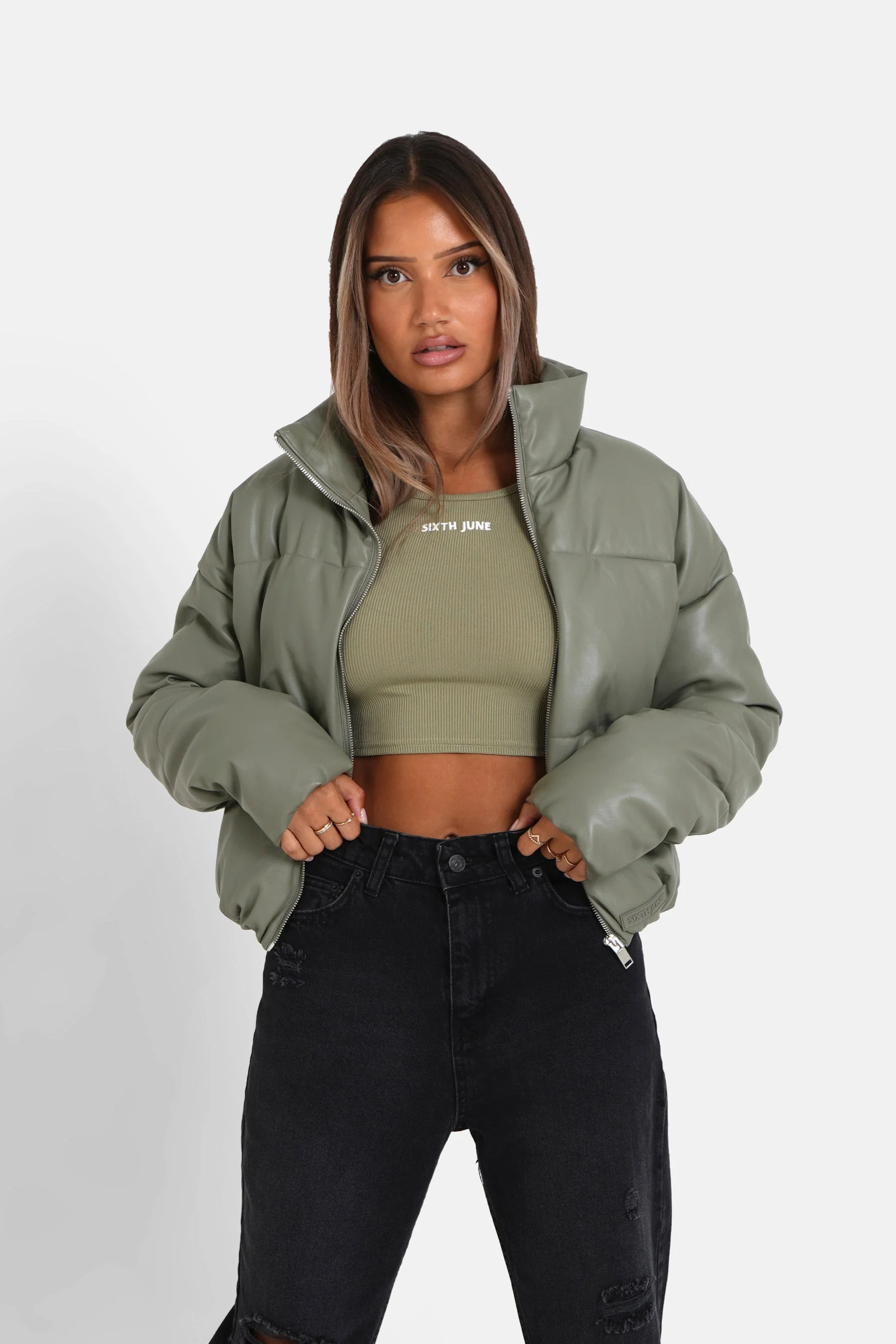 Doudoune courte simili cuir Vert