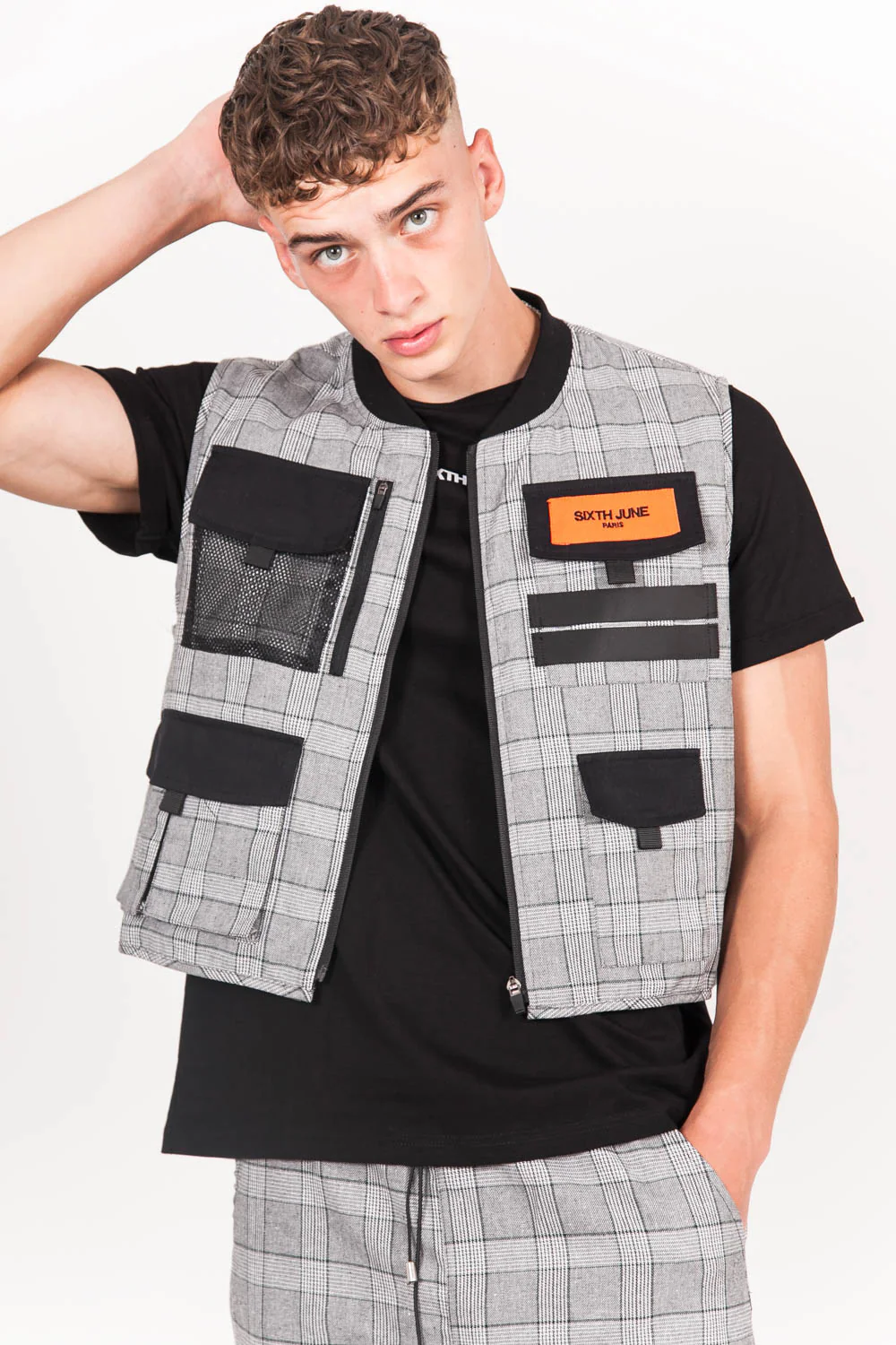 Gilet multipoches Prince de Galles court noir - Image 2