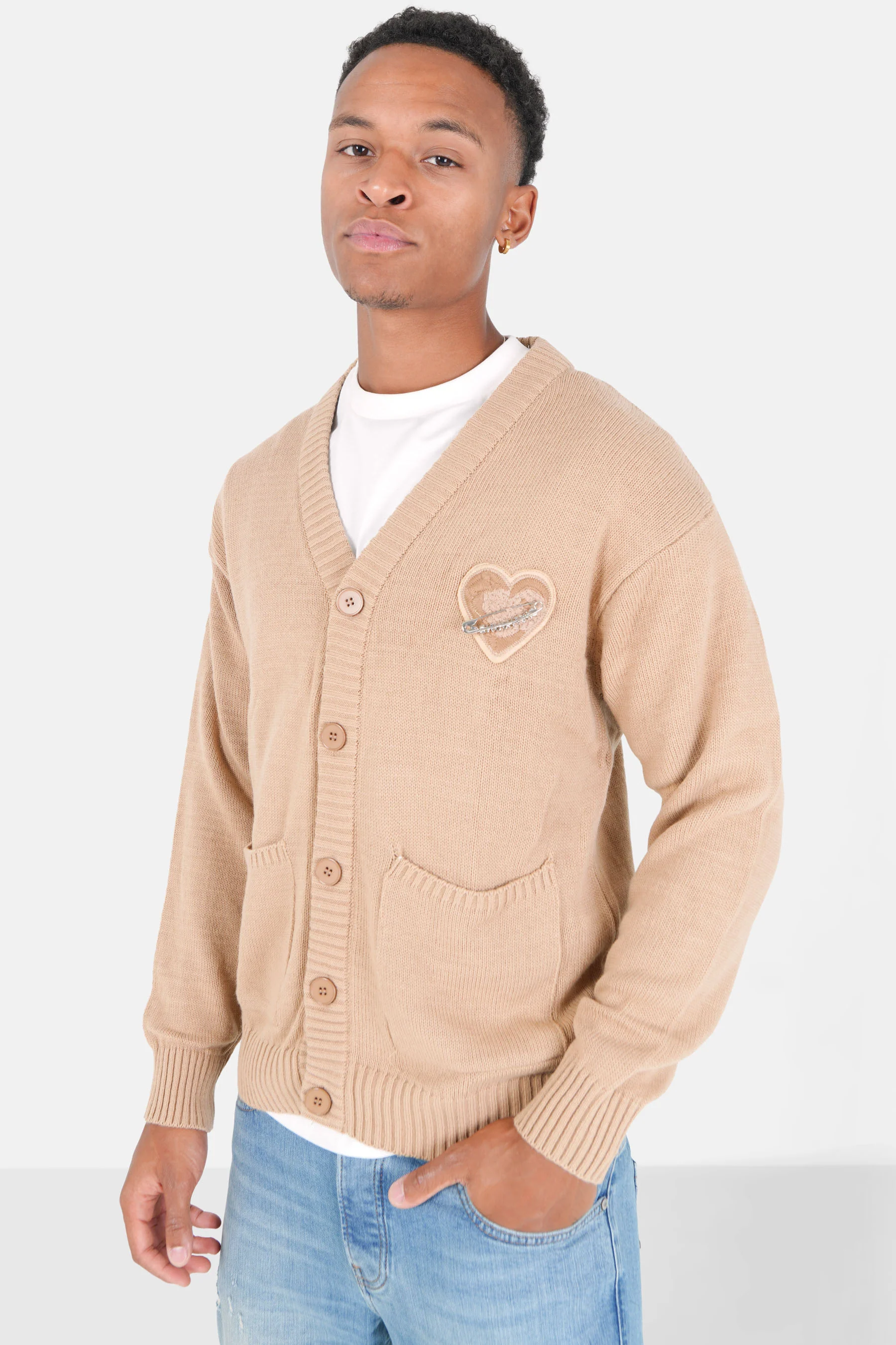 Cardigan maille coeur brodé Beige foncé