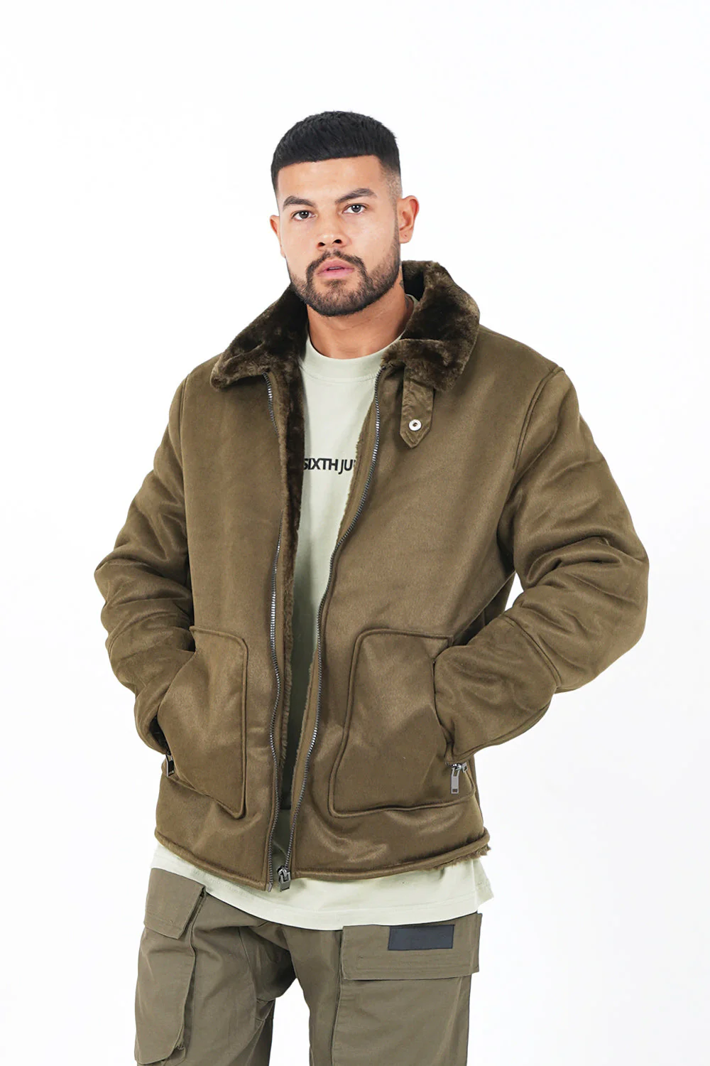 Veste suédine revers fourrure Vert kaki
