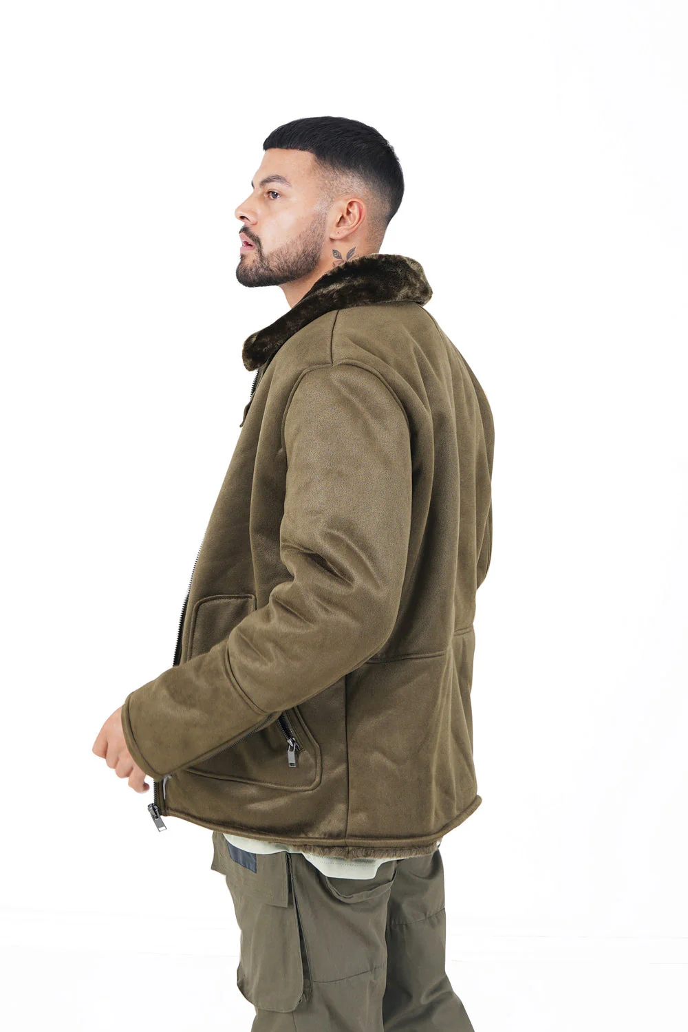 Veste suédine revers fourrure Vert kaki - Image 4