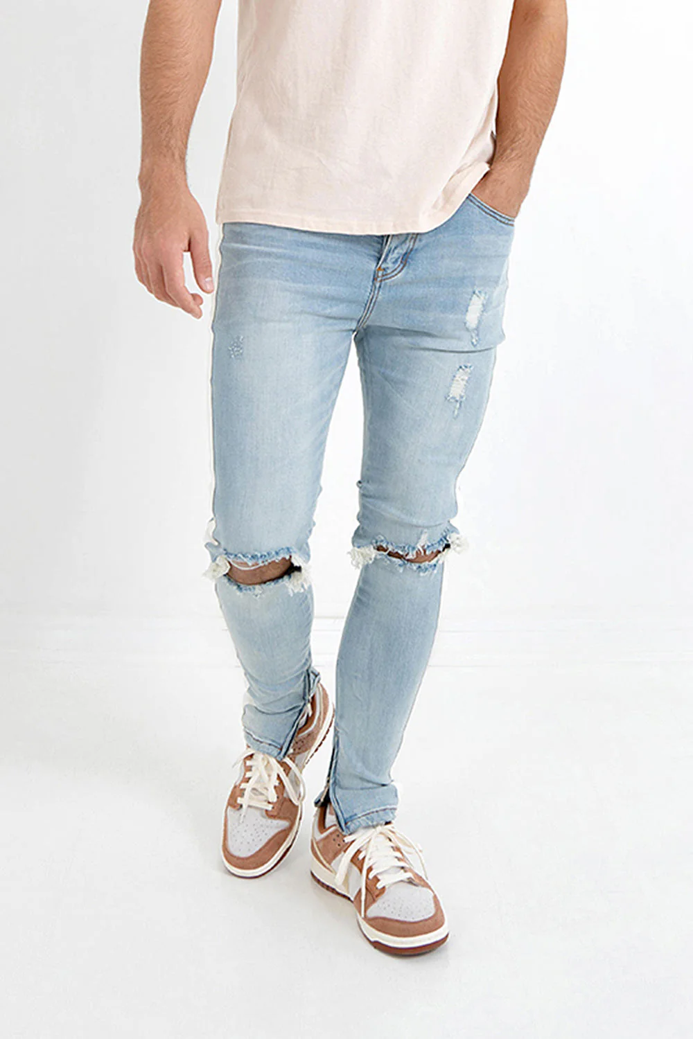 Jean trous bande blanche Bleu clair