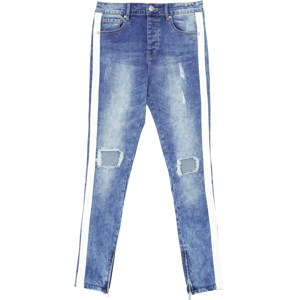 Jean trous bandes blanches bleu foncé