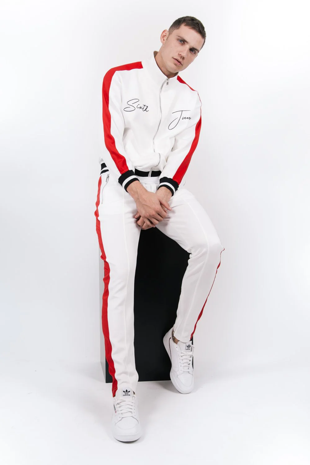 Jogging bicolores zips blanc rouge - Image 4