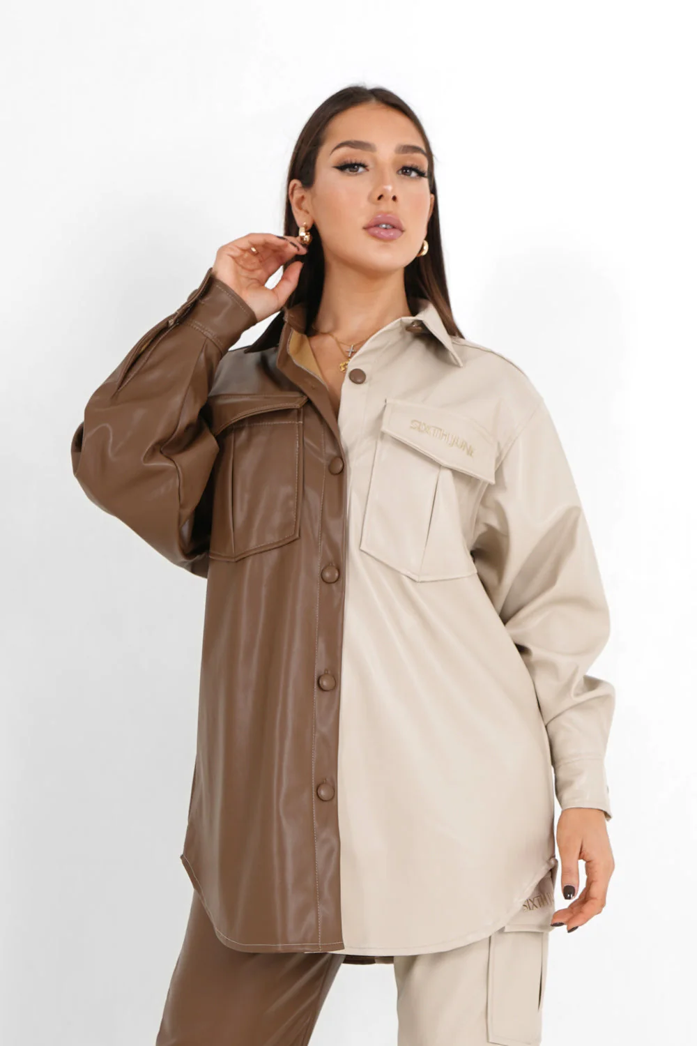 Chemise bicolore simili cuir Beige