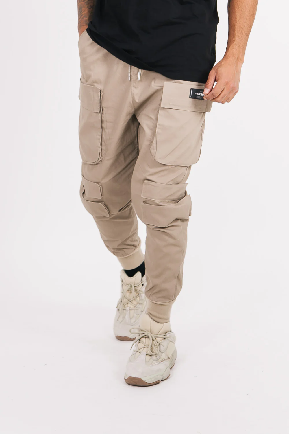 Pantalon cargo tactique poches beige foncé