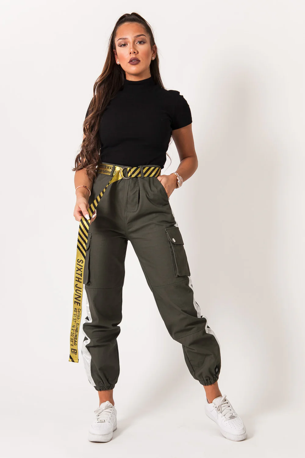 Pantalon cargo bandes satin vert blanc - Image 6