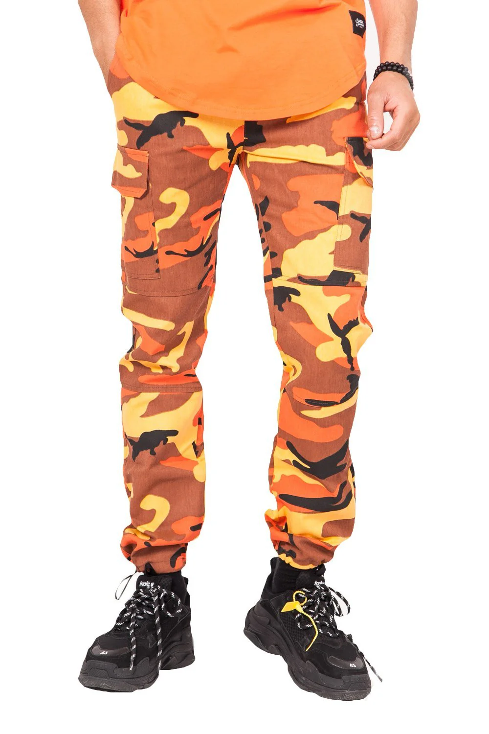 Pantalon cargo élastique camouflage orange