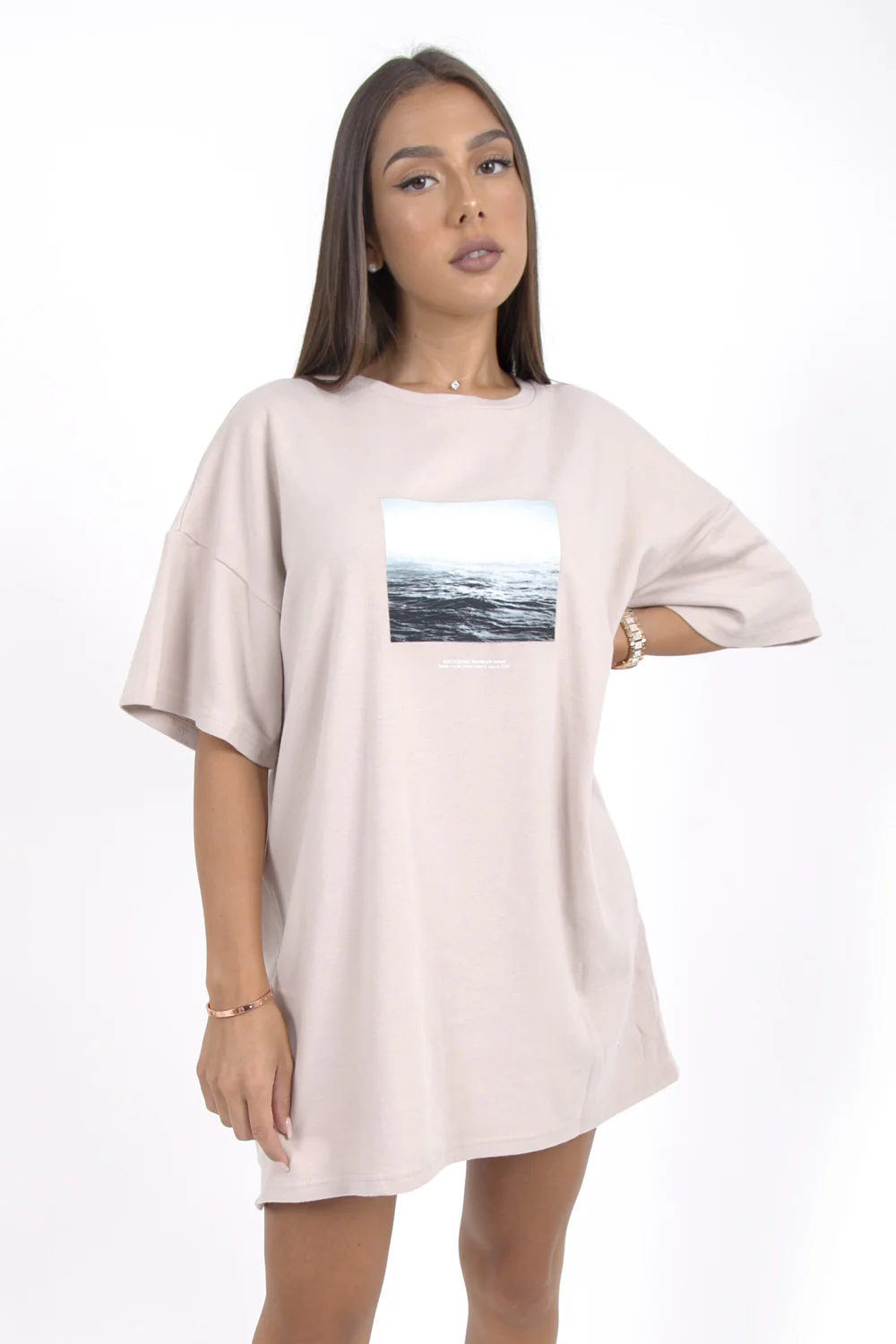 Robe t-shirt oversize imprimé océan beige