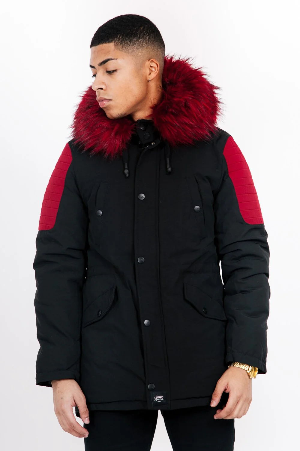 Parka biker fourrure noir rouge