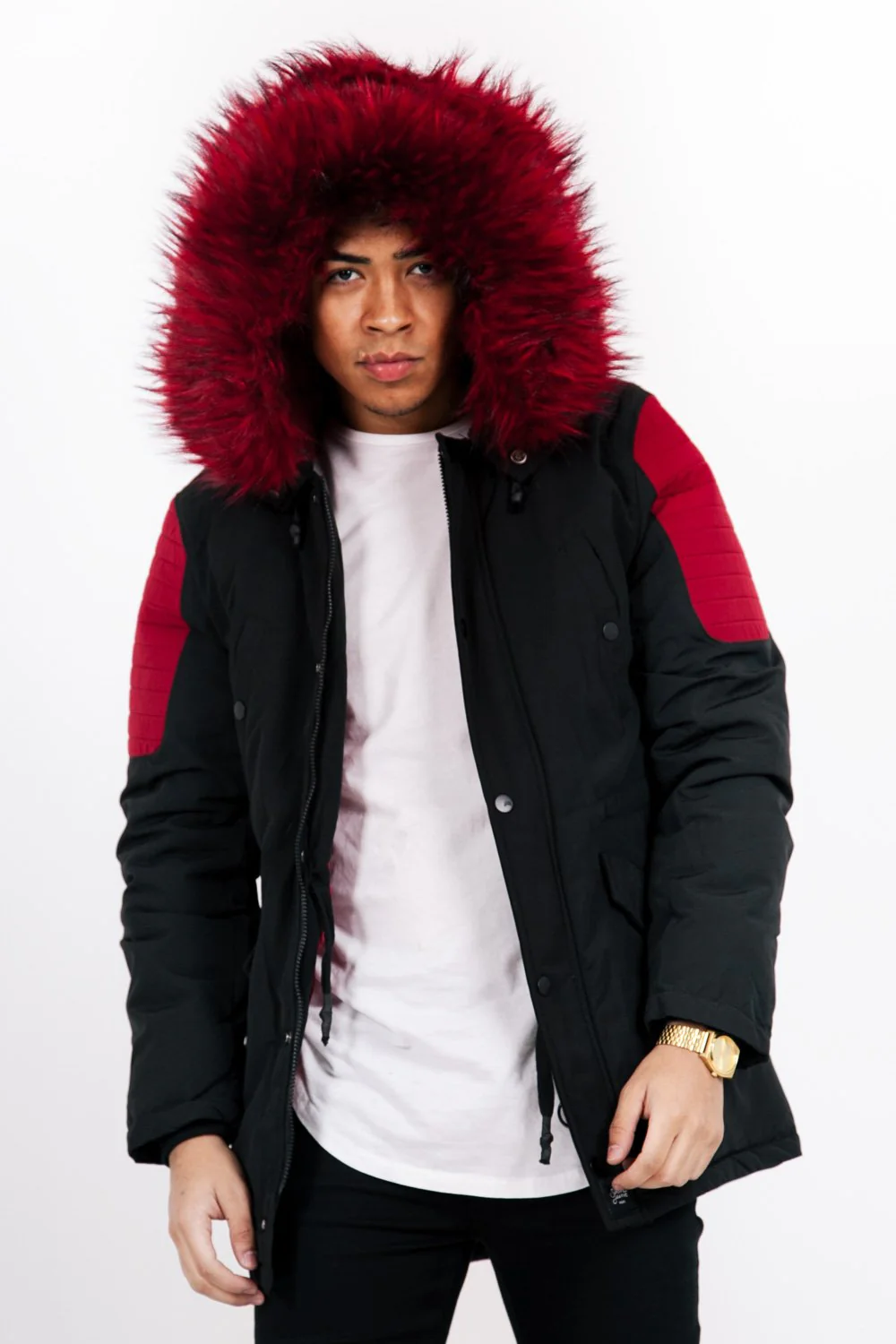 Parka biker fourrure noir rouge - Image 3