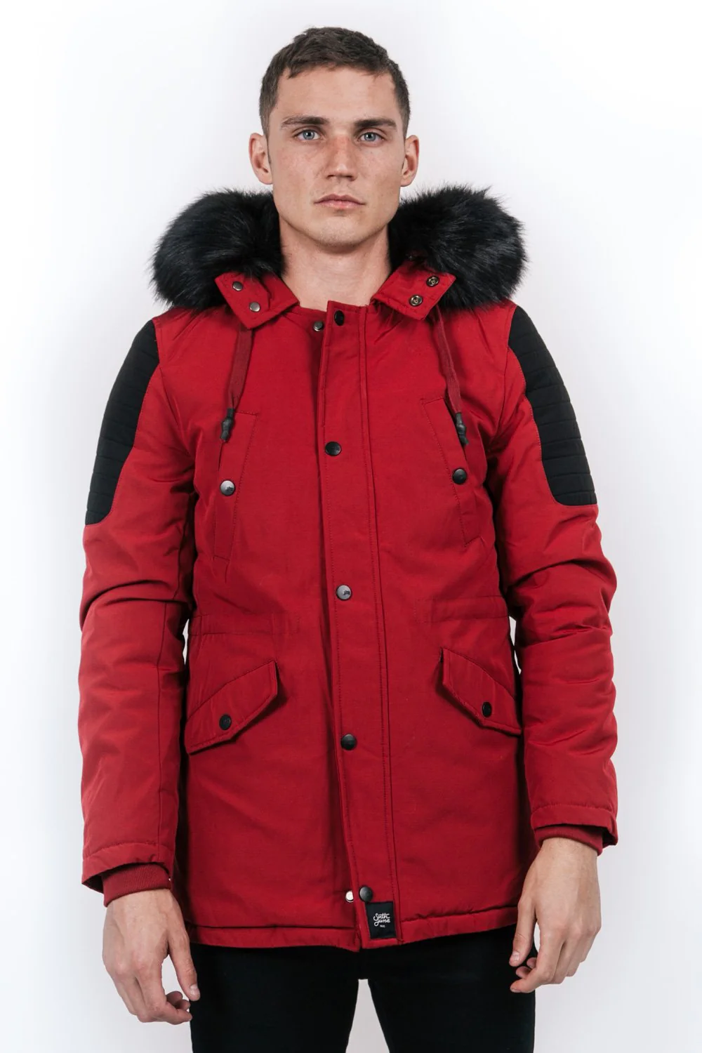 Parka biker fourrure rouge noir