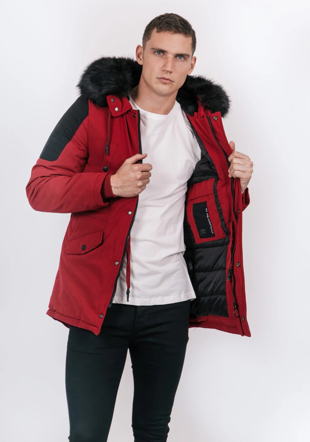 Parka biker fourrure rouge noir - Image 2