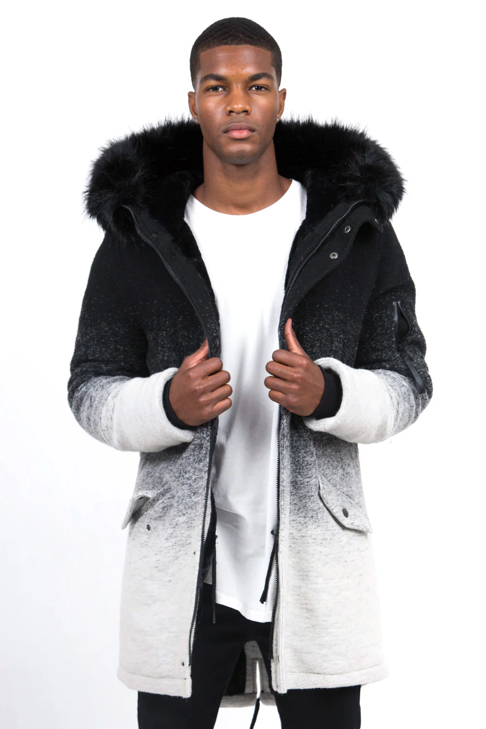 Parka laine tie and dye large fourrure noir gris - Image 2