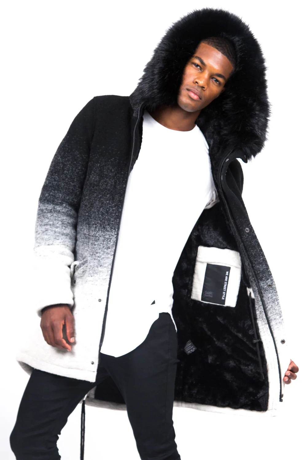 Parka laine tie and dye large fourrure noir gris - Image 3