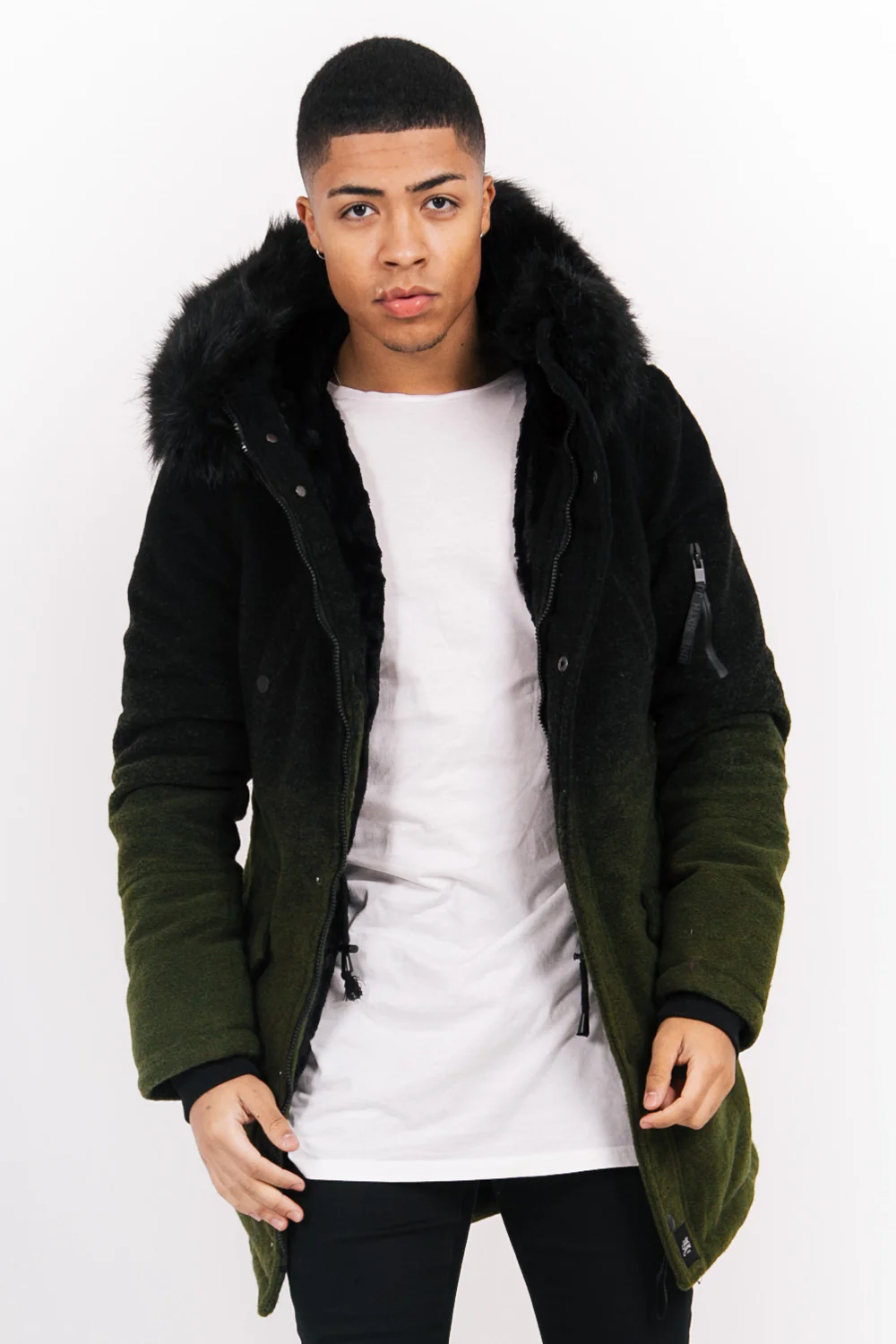 Parka laine tie dye large fourrure kaki noir - Image 2