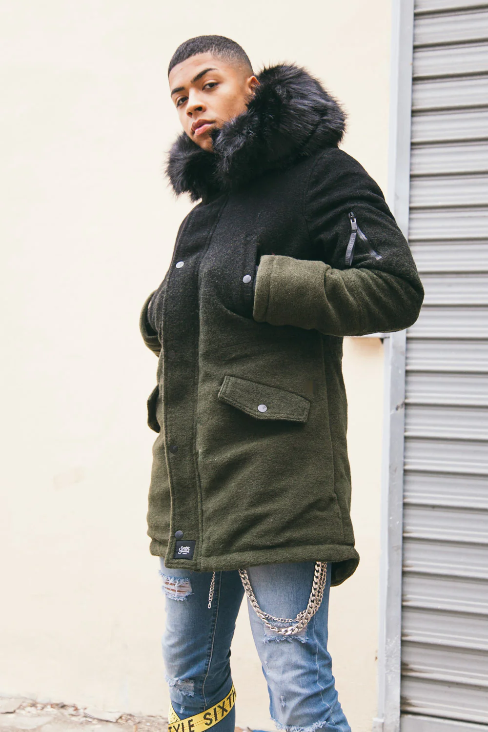 Parka laine tie dye large fourrure kaki noir - Image 7