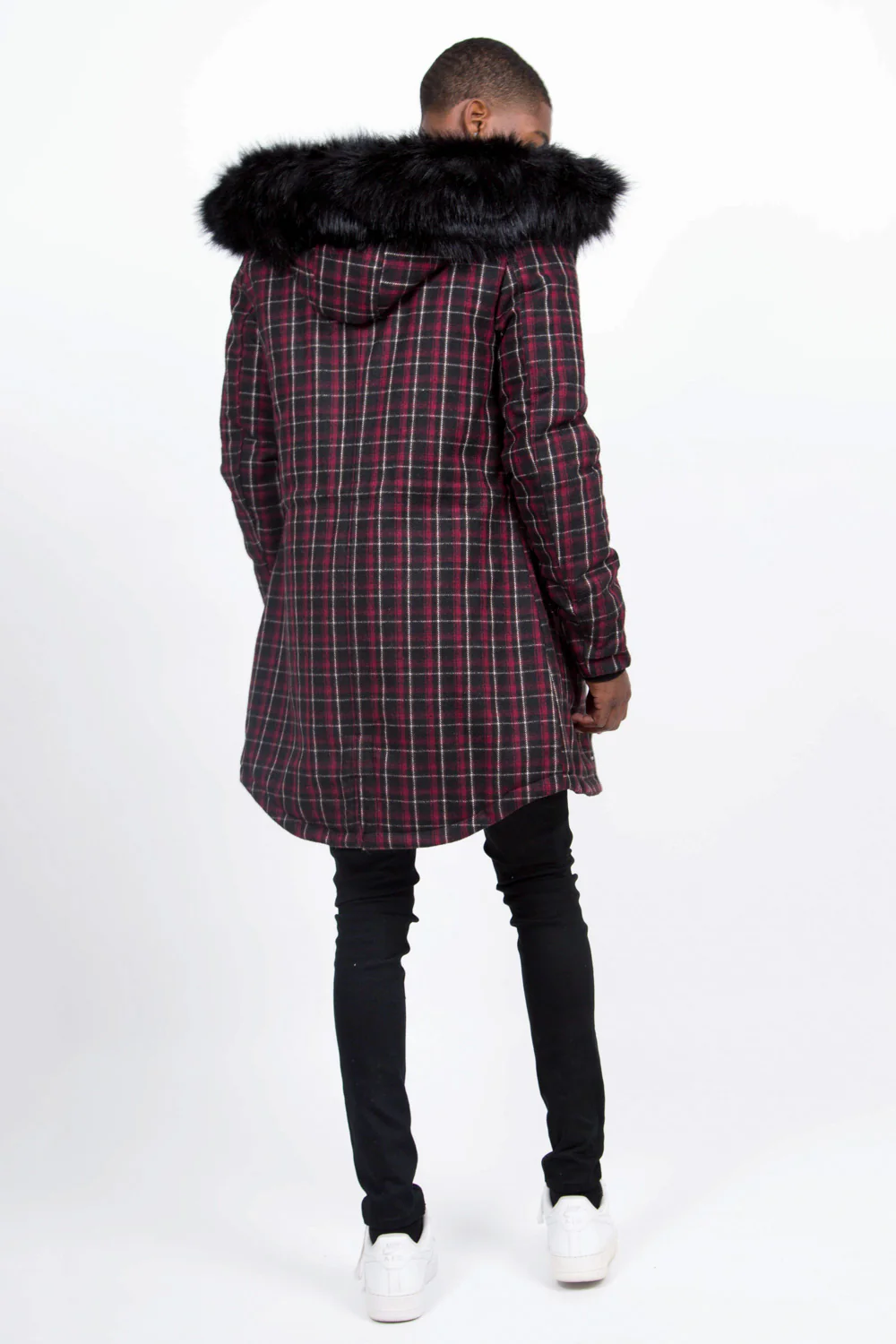 Parka tartan fourrure rouge noir - Image 4