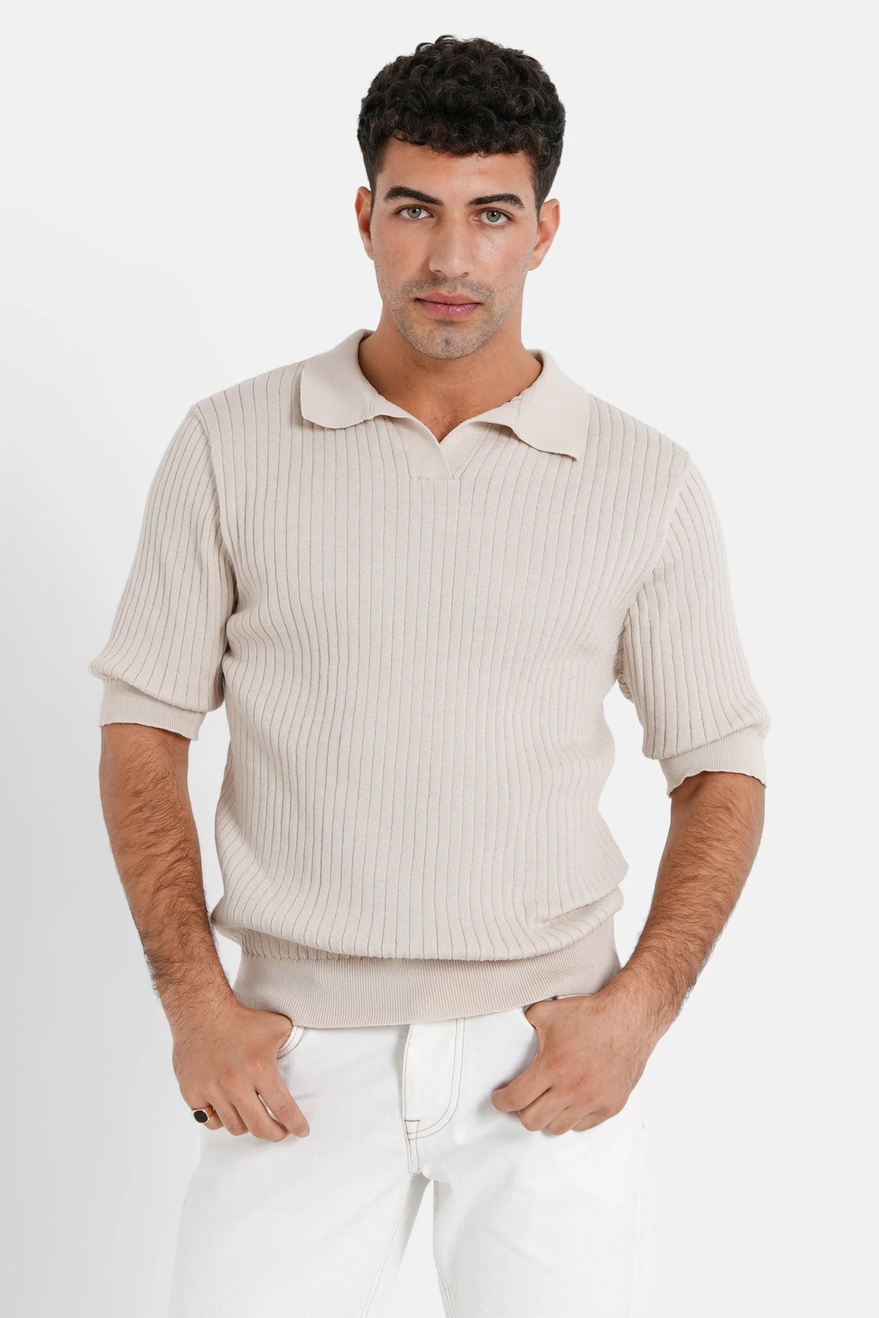 Polo côtelé manches courtes Beige