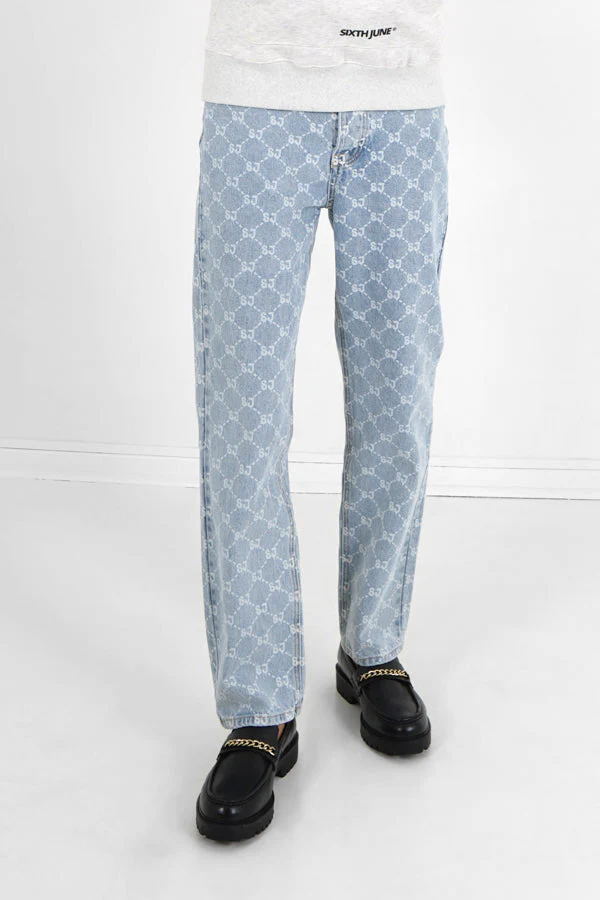 Jean droit monogramme délavé Bleu