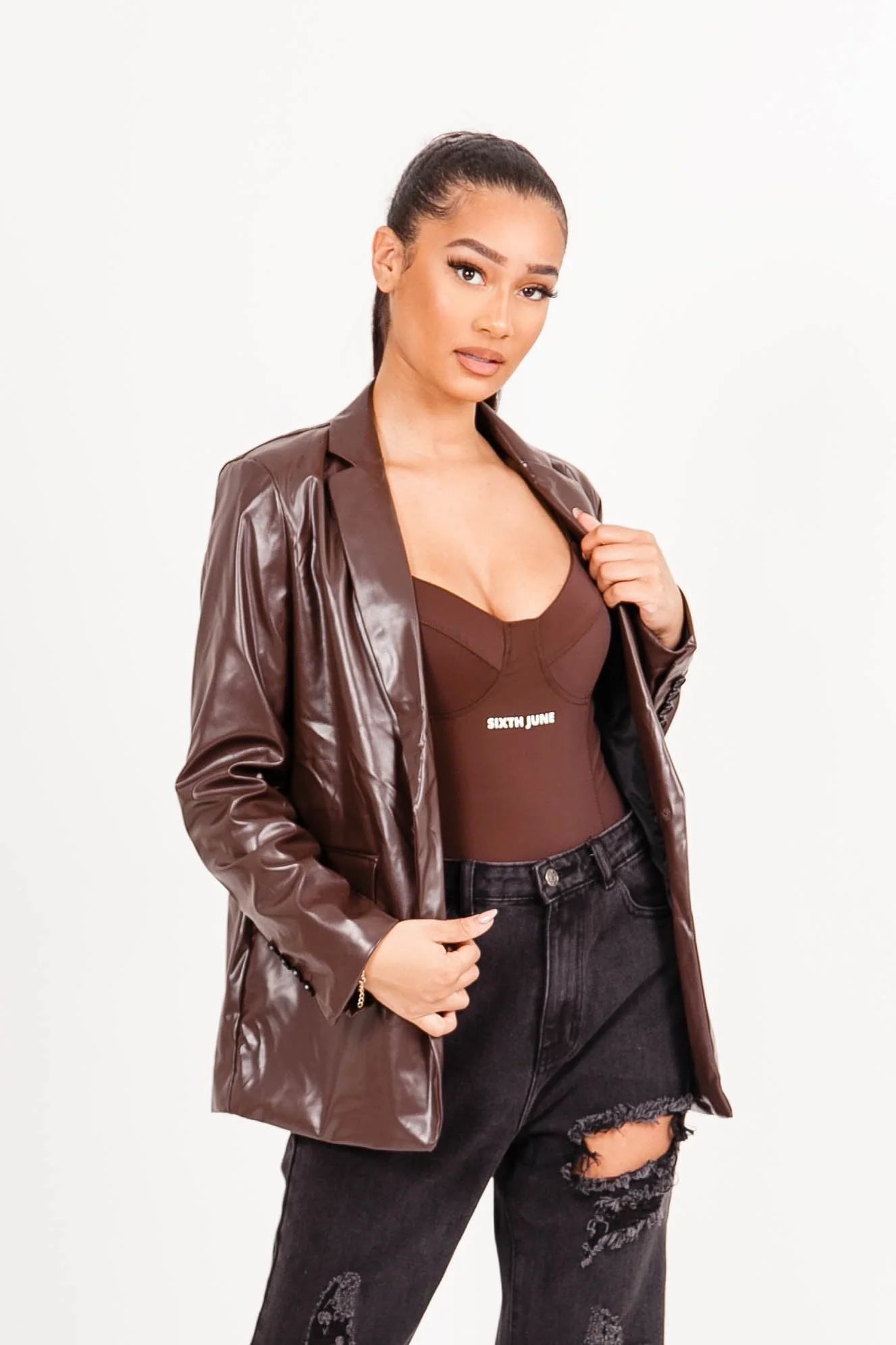 Veste blazer simili cuir Marron