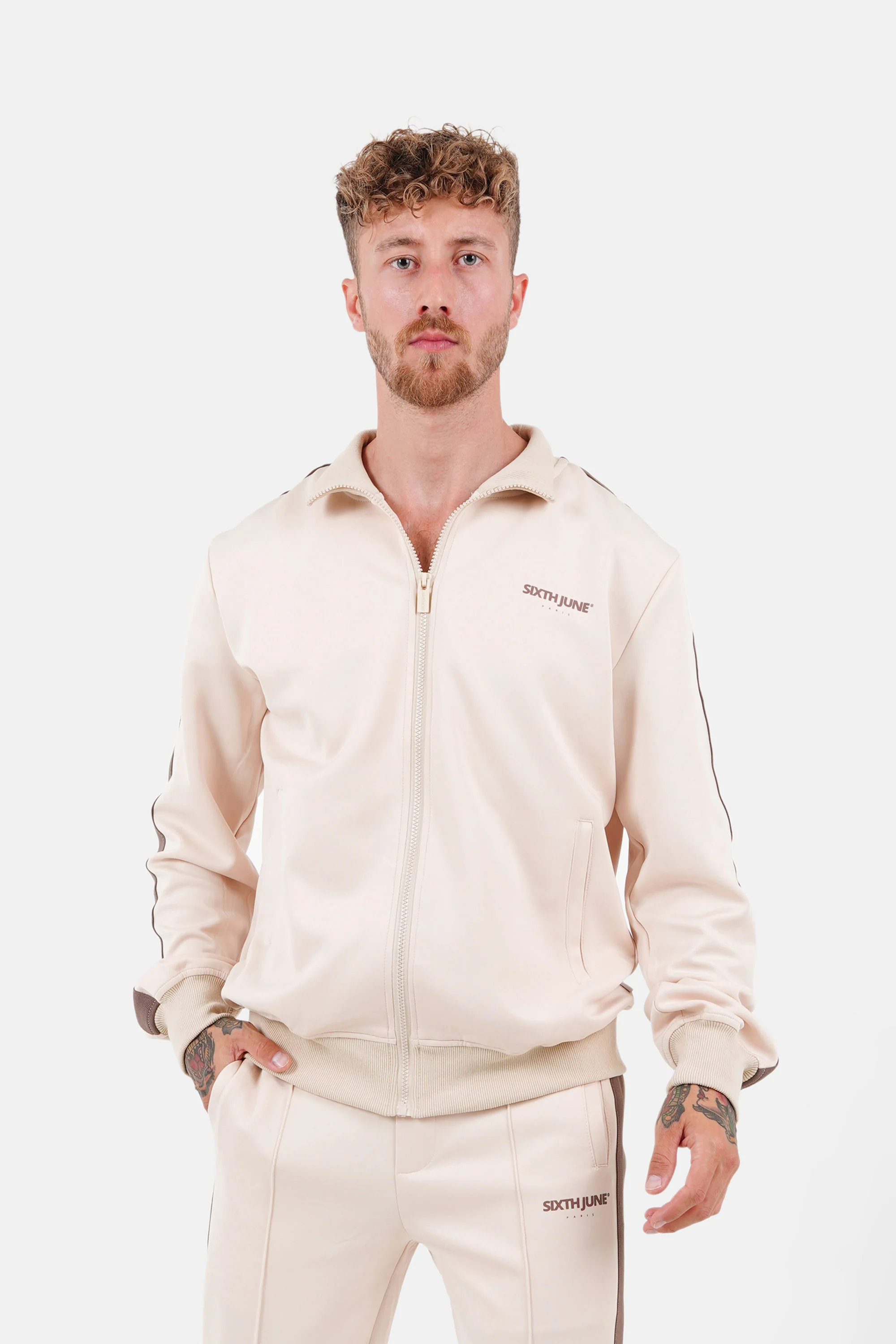 Veste zip bandes Beige