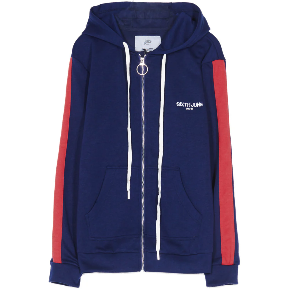 Sweat capuche bandes bleu rouge