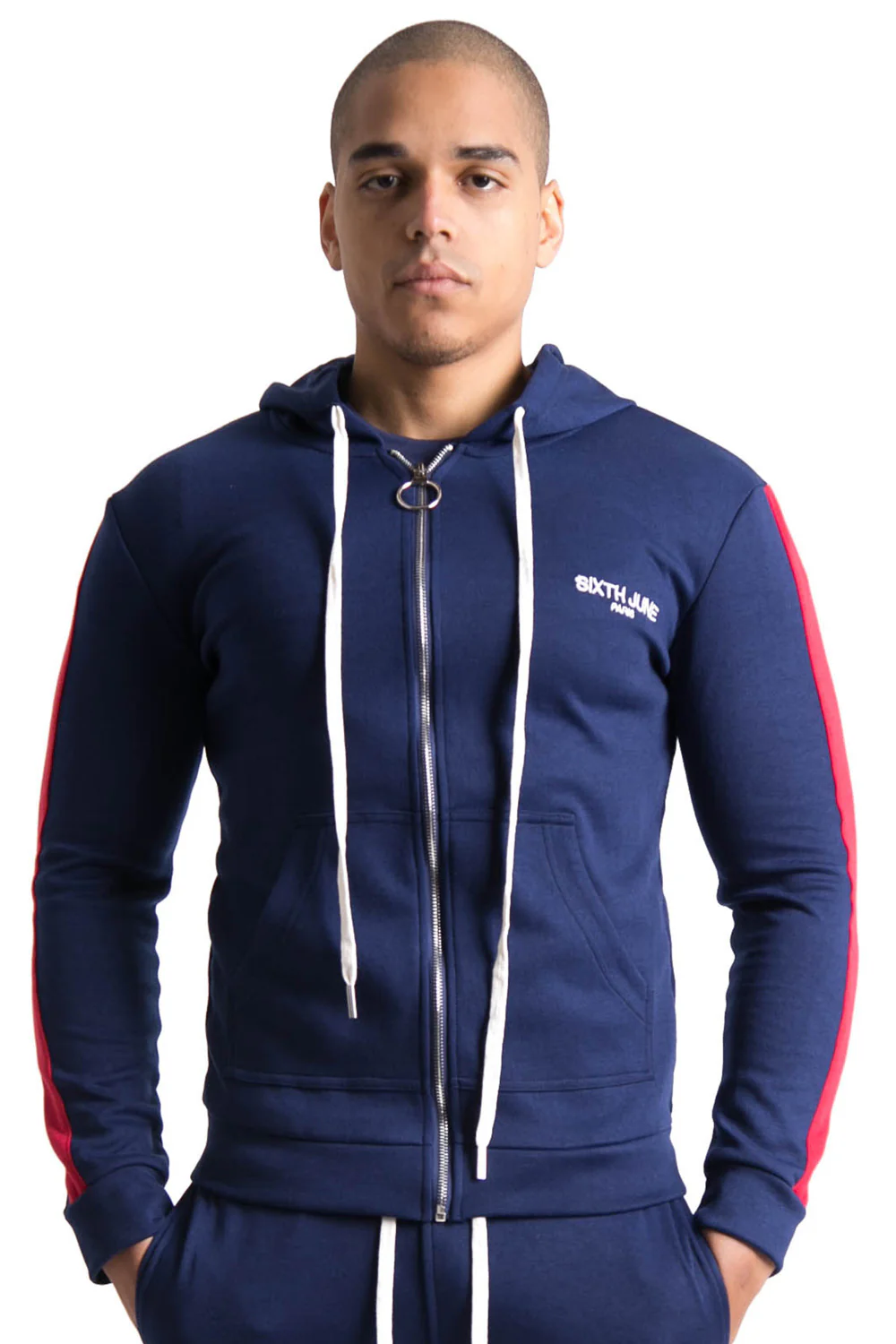 Sweat capuche bandes bleu rouge - Image 2
