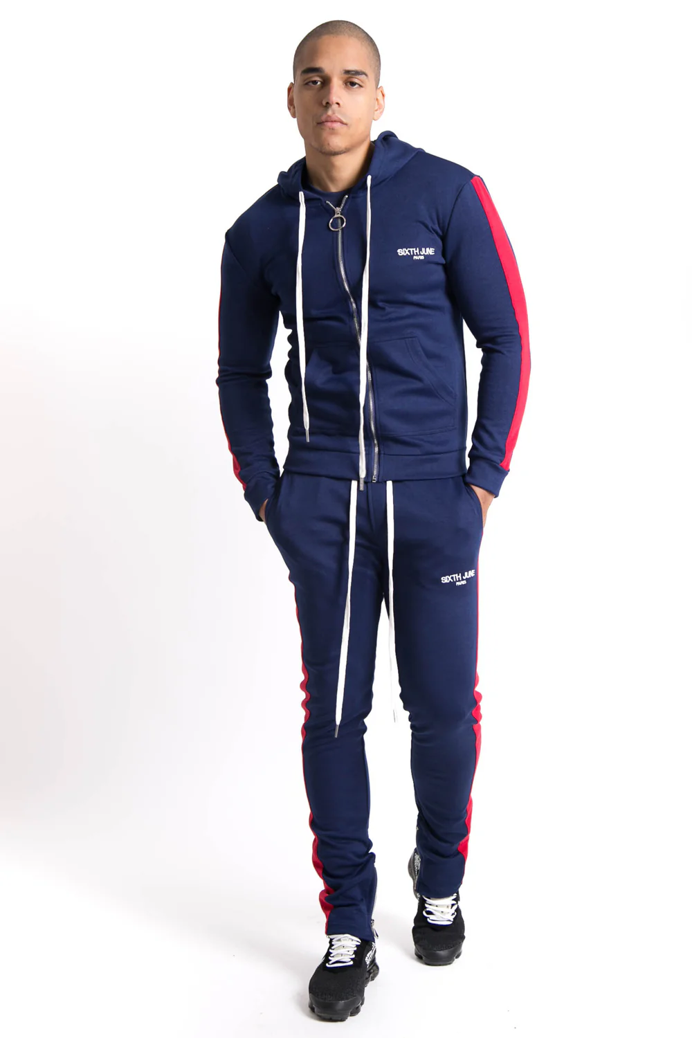 Sweat capuche bandes bleu rouge - Image 3