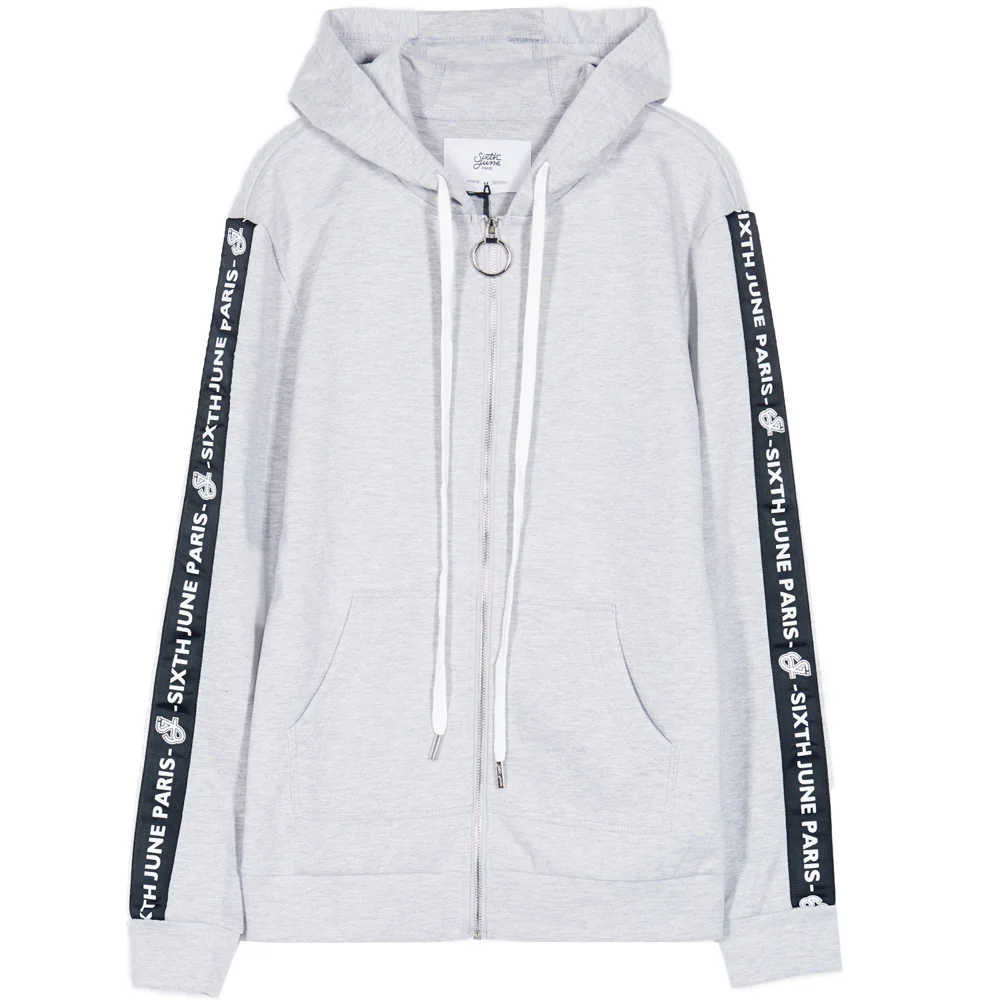 Sweat capuche bandes texte gris noir