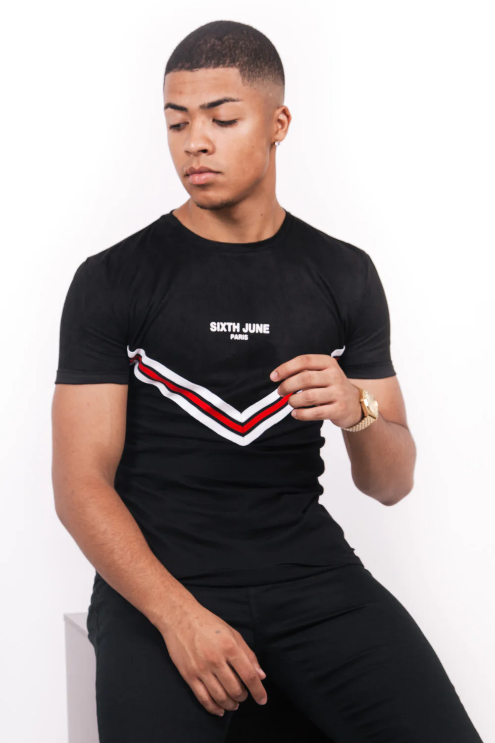 T-shirt bi-matière bande V noir - Image 2