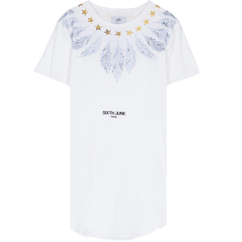 T-shirt col étoiles plumes blanc