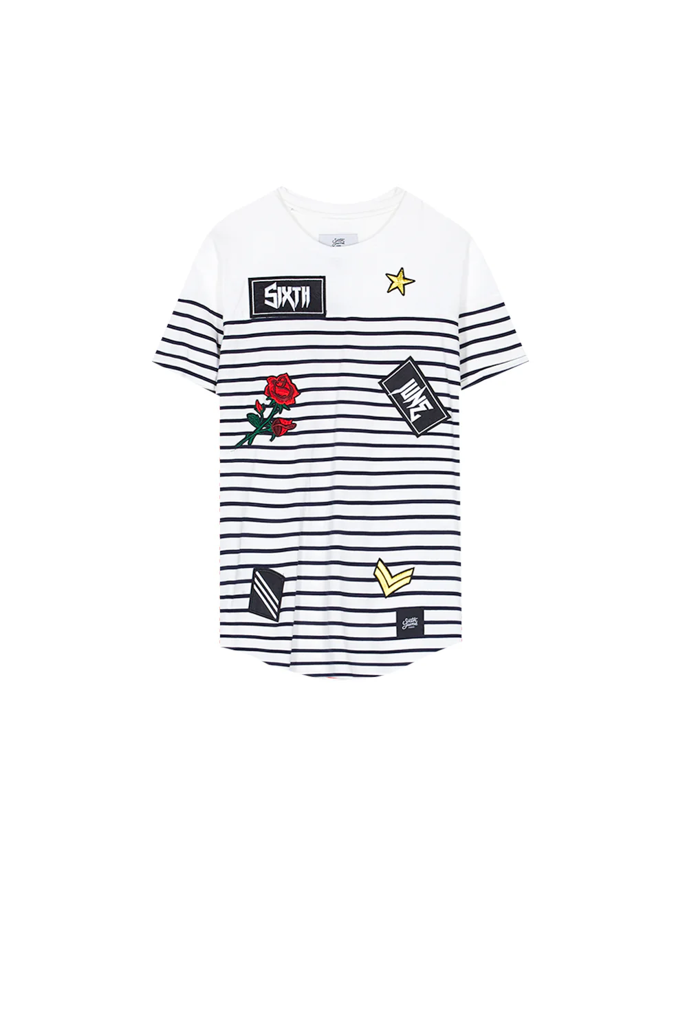 T-shirt marinière patchs rock blanc bleu