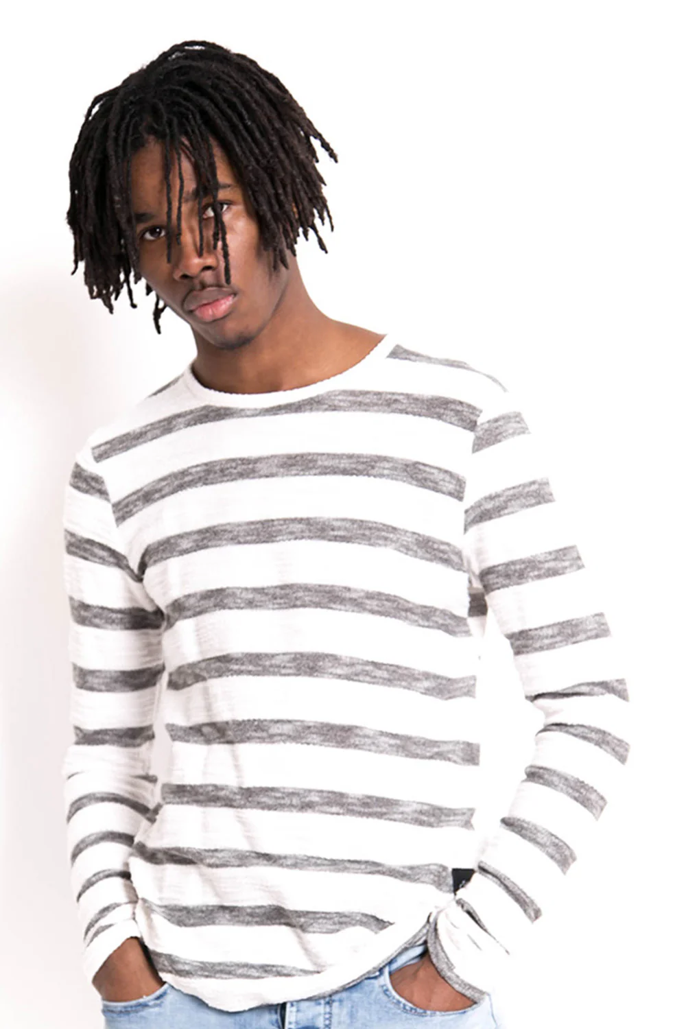T-shirt rayures coton flammé manches longues blanc gris - Image 2