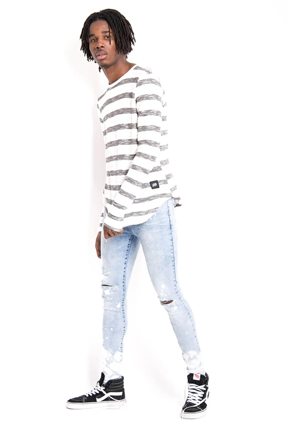 T-shirt rayures coton flammé manches longues blanc gris - Image 5