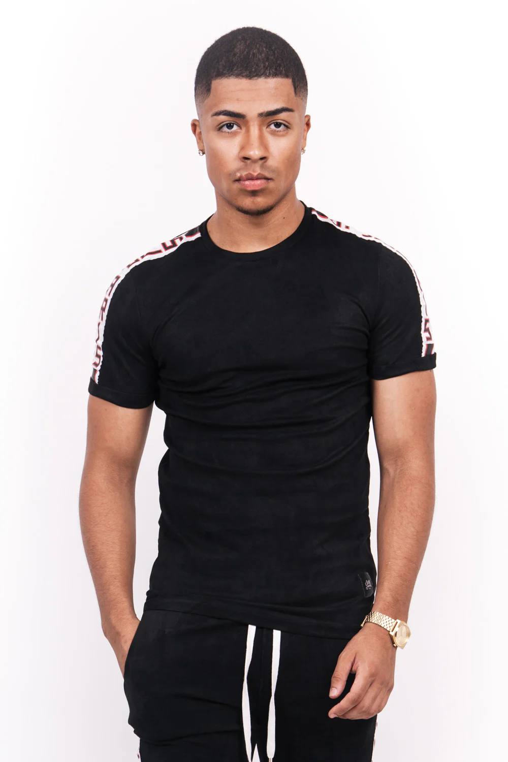 T-shirt suédine bandes texte noir blanc - Image 2